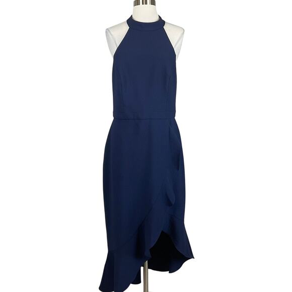 XSCAPE Women's Cocktail Dress Size 14 Blue Backless Ruffled Midi Halter Sheath - Picture 1 of 12